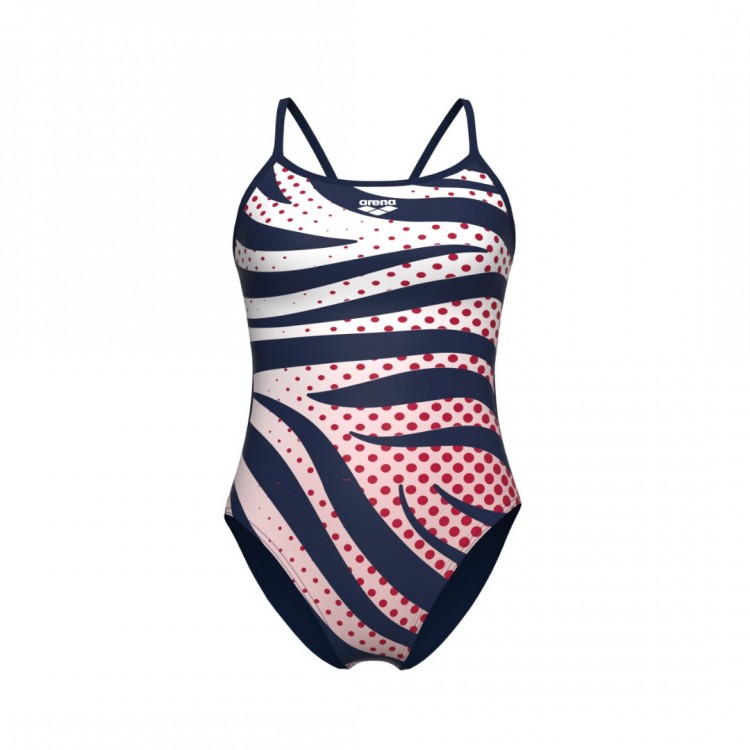 WOMENS ARENA MULTI STRIPES SWIMSUIT LACE BACK NAVY WHITE MULTI RED