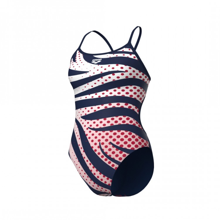 WOMENS ARENA MULTI STRIPES SWIMSUIT LACE BACK NAVY WHITE MULTI RED